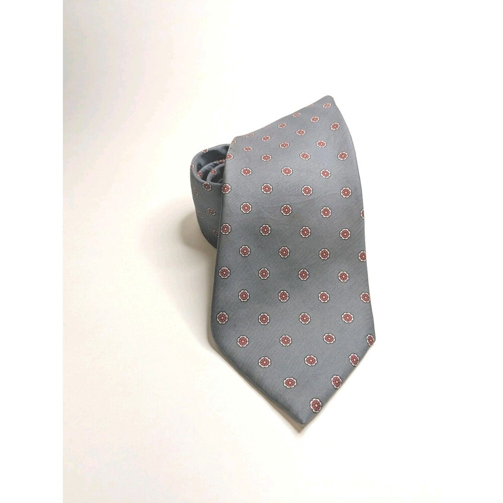 Vintage 1990s Valente Men’s 100% Silk Tie Gray Red Medallion Foulard  Geometric